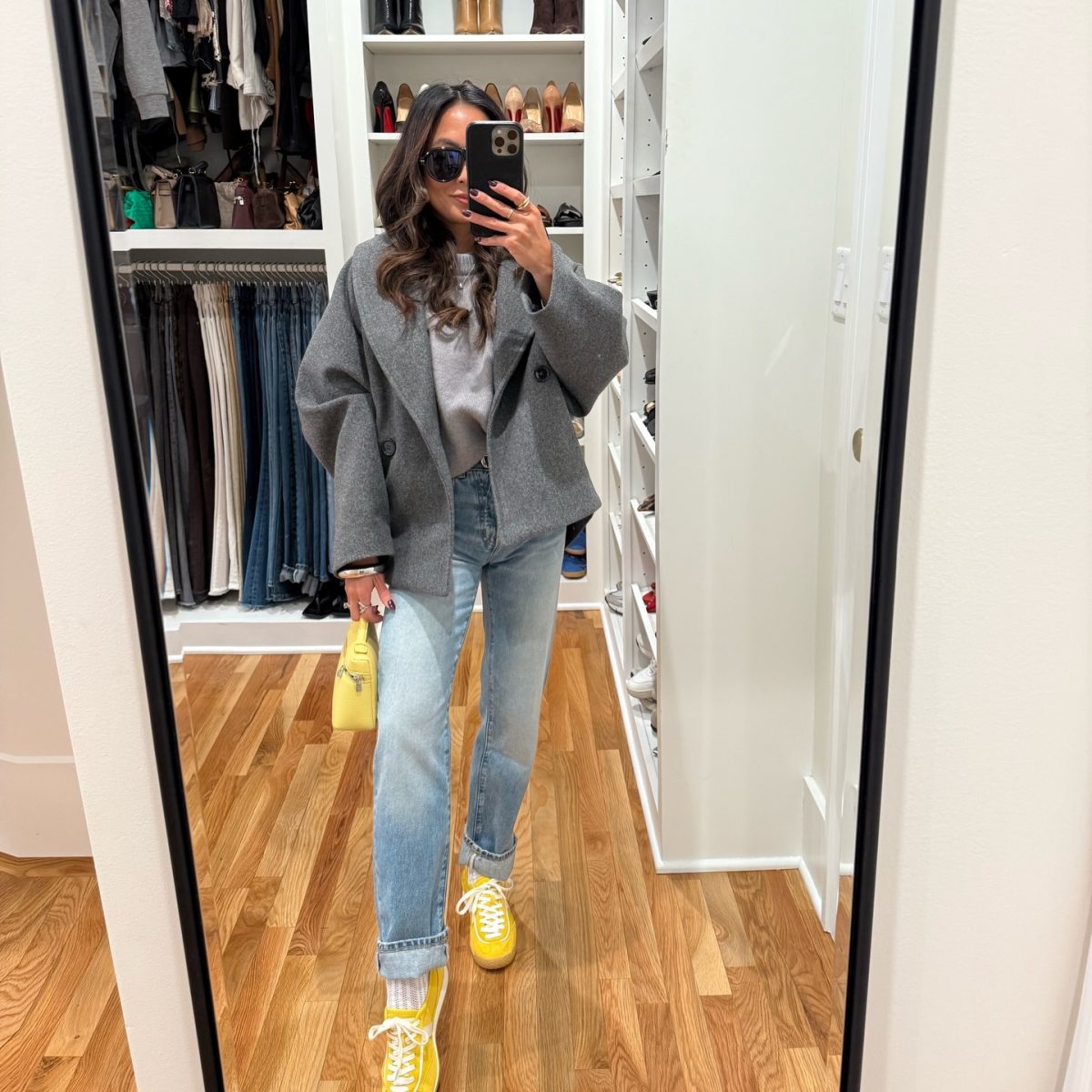 A Gray Oversized Blazer with Jeans and Bright Yellow Accessories