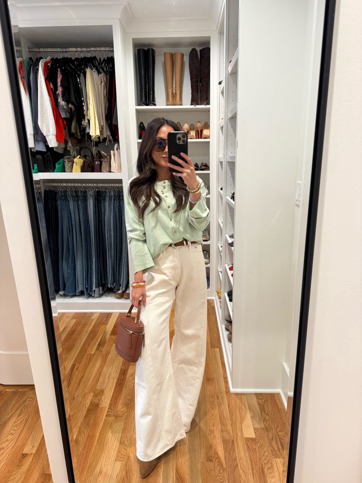 A Mint Cardigan with Cream Wide-Leg Pants for Soft Spring Color